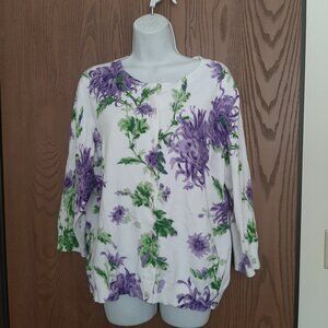 Vintage Talbots Cotton Blend Floral Cardigan Sweater XL Purple Flowers